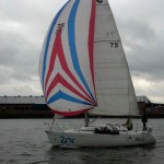 Skipper Grant expertly guiding Mei Li up the Snohomish River in Everett after a Sunday race. Under spinnaker no less!