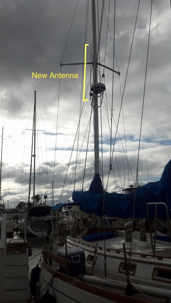The new high gain external antenna is mounted on the mizzen mast.