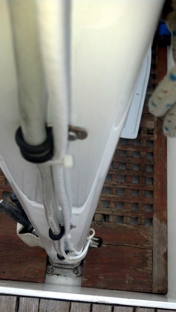 Wiring for the external Wi-Fi antenna is zip tied to the radar wiring on the mizzen.