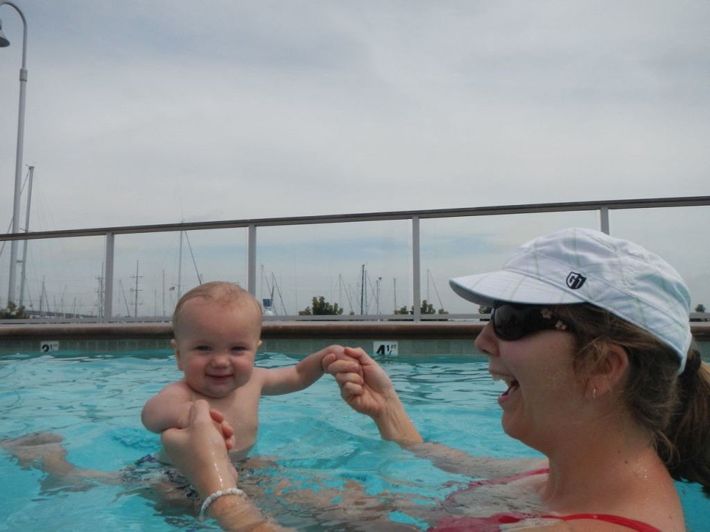 Sully also likes riding Natalie's leg around the pool