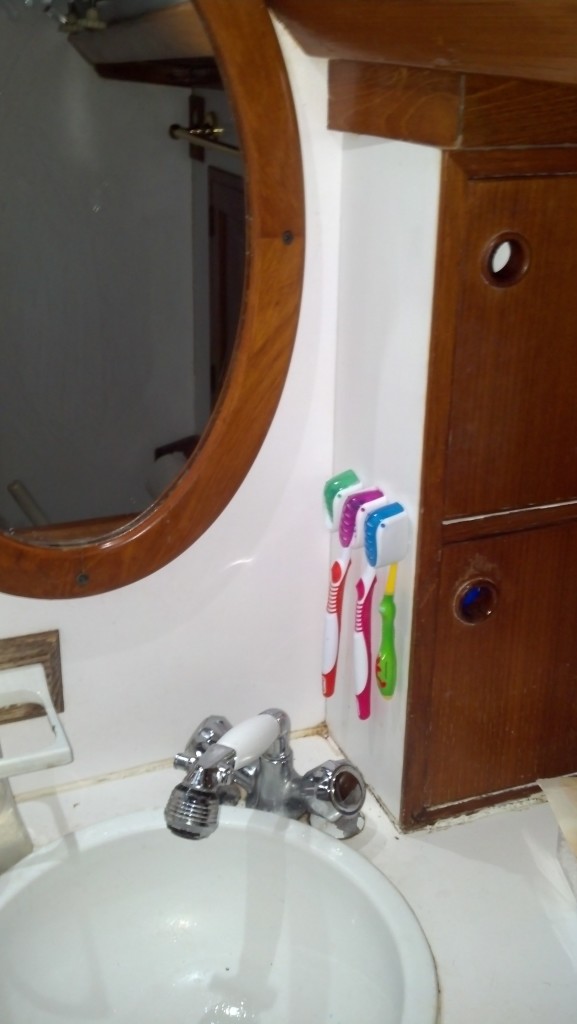 3 toothbrush holders attached to the cabinet in the head.